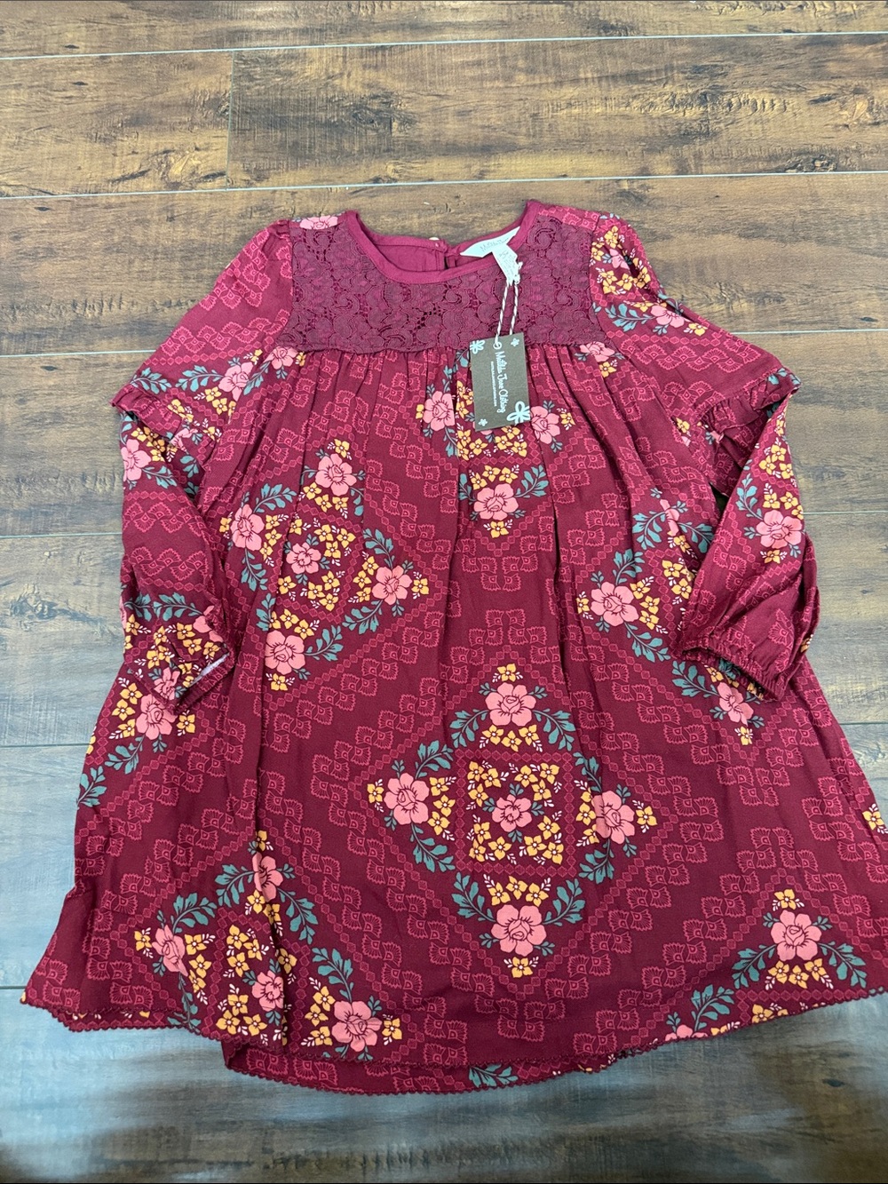 Matilda Jane Burgundy Floral Lace-Yoke Tunic Dress